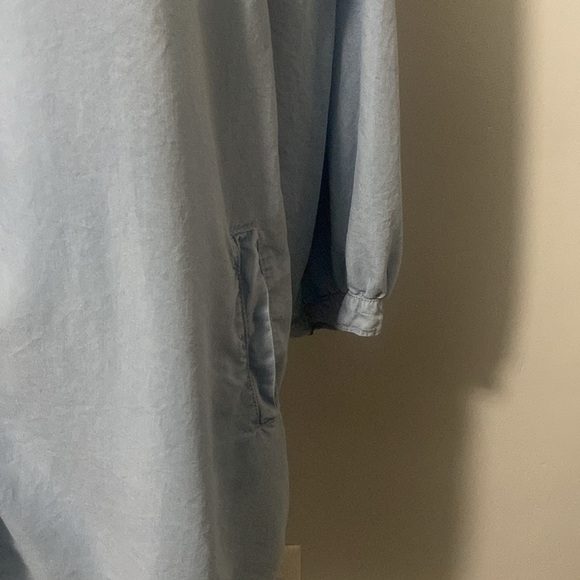 Lght Blue Denim Look Mini Dress Long Top Raw Hem 3/4 Drop Puff Sleeves Tier Back - Picture 4 of 7